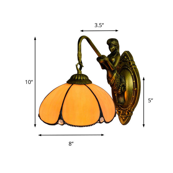Lisslune | Antique Brass Flower Wall Lighting Fixture Tiffany 1 Head Yellow Glass Wall Lamp with Mermaid Decoration