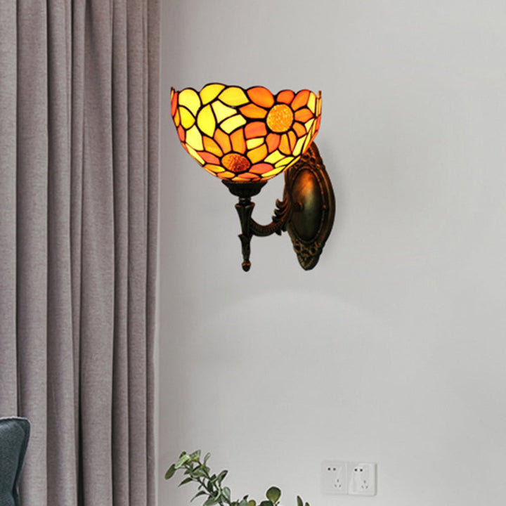 Lisslune | Colored Glass Sunflower Wall Lamp Kitchen 1 Head Rustic Tiffany Wall Lamp in Orange
