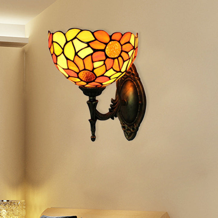 Lisslune | Colored Glass Sunflower Wall Lamp Kitchen 1 Head Rustic Tiffany Wall Lamp in Orange