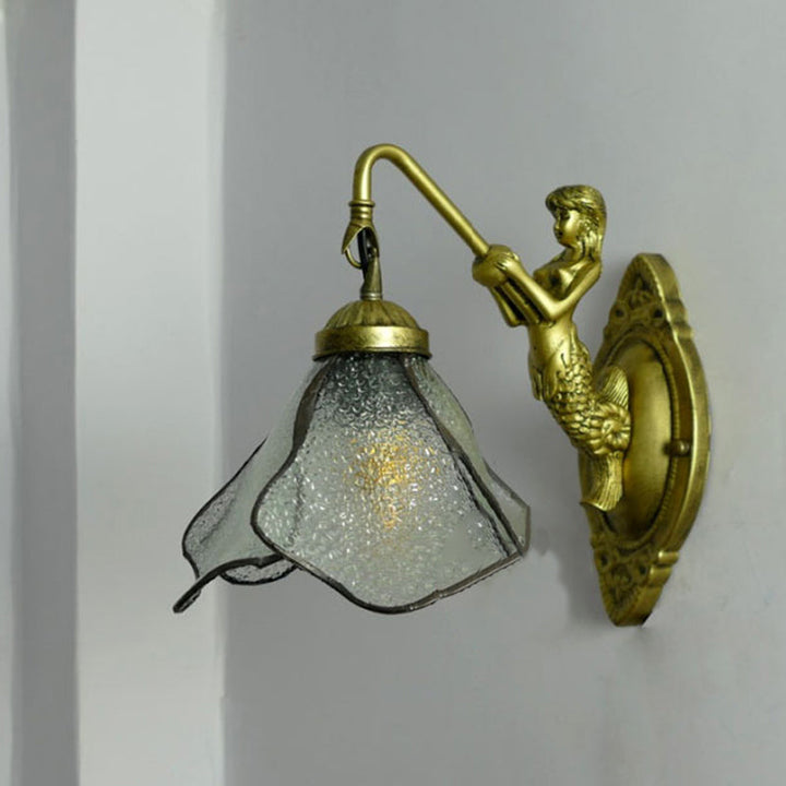 Lisslune | 1 Head Flower Wall Mount Lighting Tiffany Blue/Clear/Pink Glass Wall Lamp with Mermaid Backplate