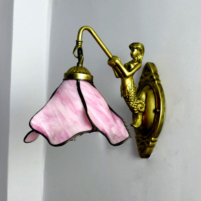 Lisslune | 1 Head Flower Wall Mount Lighting Tiffany Blue/Clear/Pink Glass Wall Lamp with Mermaid Backplate