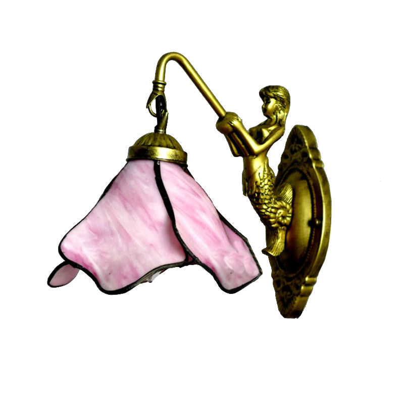 Lisslune | 1 Head Flower Wall Mount Lighting Tiffany Blue/Clear/Pink Glass Wall Lamp with Mermaid Backplate