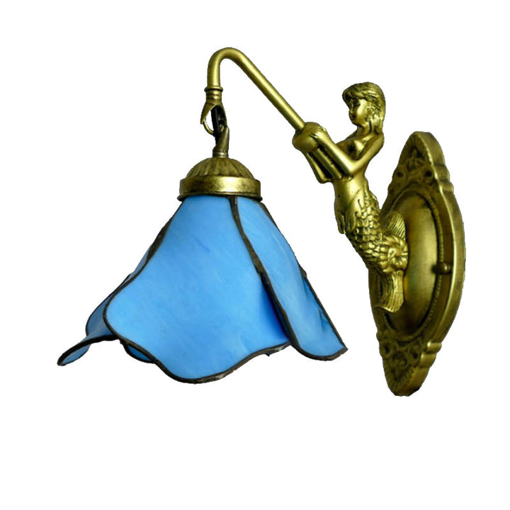 Lisslune | 1 Head Flower Wall Mount Lighting Tiffany Blue/Clear/Pink Glass Wall Lamp with Mermaid Backplate