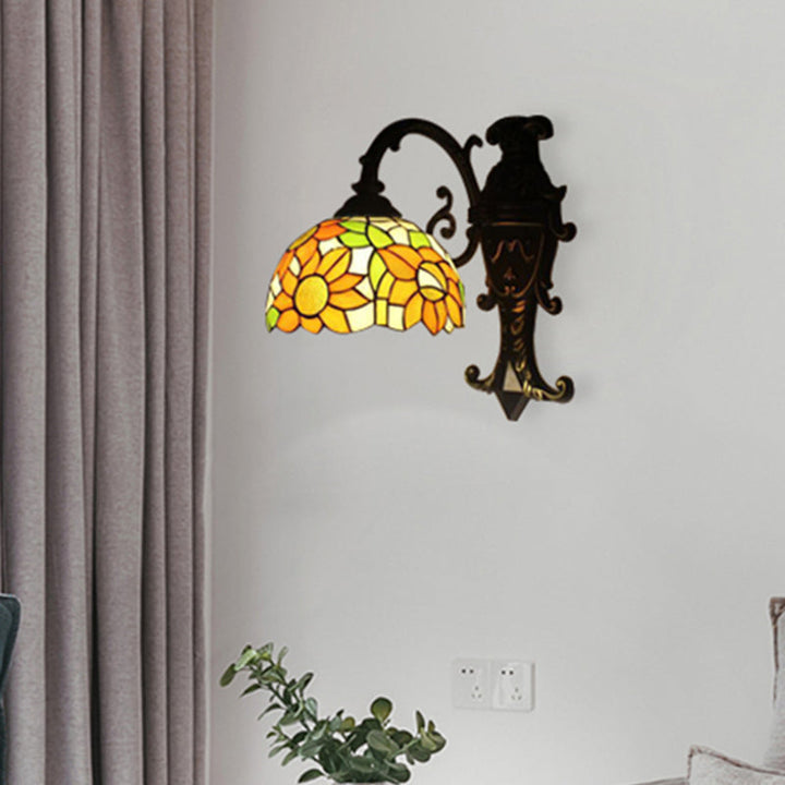 Lisslune | Rustic Tiffany Orange Wall Lamp Sunflower Single Glass Sconces Light for Bedroom