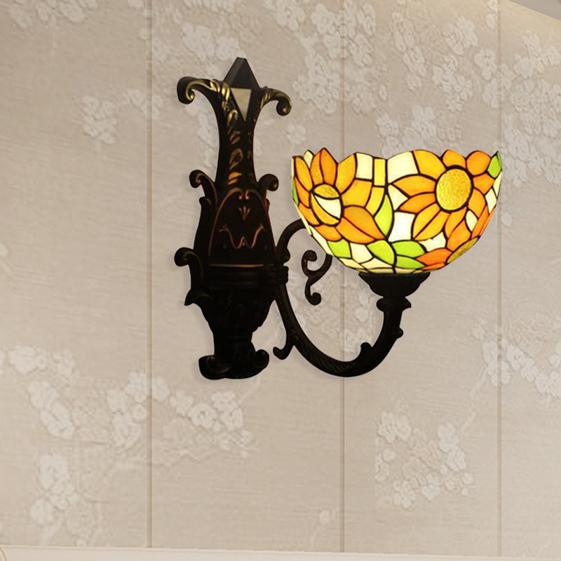 Lisslune | Rustic Tiffany Orange Wall Lamp Sunflower Single Glass Sconces Light for Bedroom