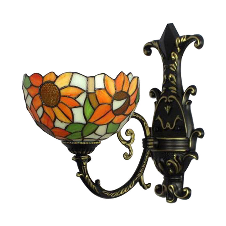 Lisslune | Rustic Tiffany Orange Wall Lamp Sunflower Single Glass Sconces Light for Bedroom