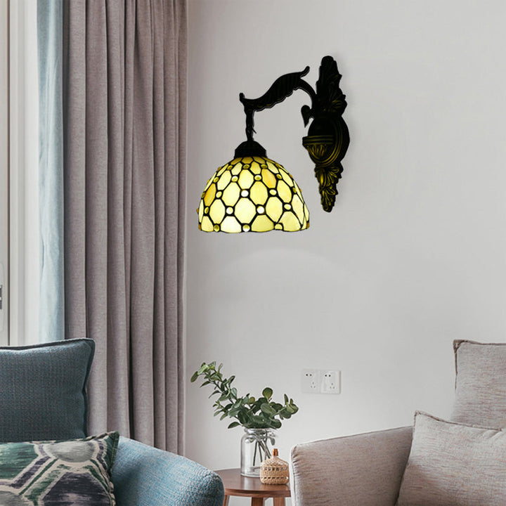 Lisslune | Beige Lattice Dome Wall Lamp with Engraved Arm 1 Main Tiffany Traditional Glass Wall Lamp for Corridor