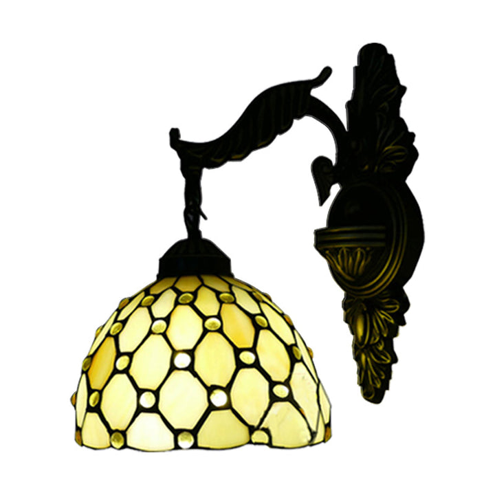 Lisslune | Beige Lattice Dome Wall Lamp with Engraved Arm 1 Main Tiffany Traditional Glass Wall Lamp for Corridor