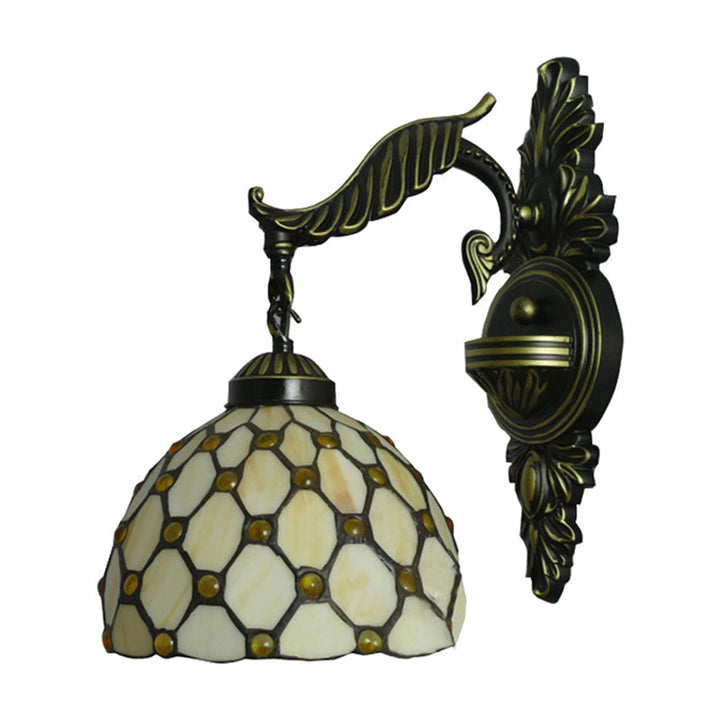 Lisslune | Beige Lattice Dome Wall Lamp with Engraved Arm 1 Main Tiffany Traditional Glass Wall Lamp for Corridor