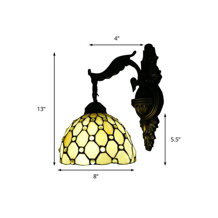 Lisslune | Beige Lattice Dome Wall Lamp with Engraved Arm 1 Main Tiffany Traditional Glass Wall Lamp for Corridor