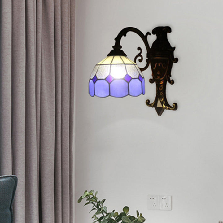 Lisslune | 1 Light Grid Dome Wall Sconce Tiffany Vintage Glass Wall Lamp in Blue for Dining Room