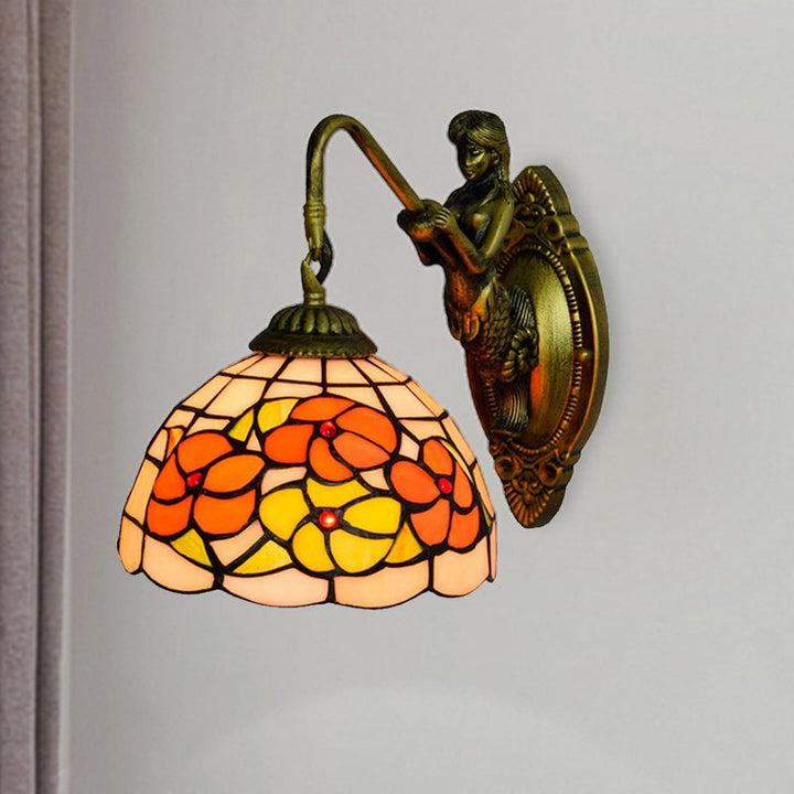 Lisslune | Flower Wall Mounted Light Tiffany Beige Glass 1 Head Brass Mermaid Wall Lamp Fixture for Hallway