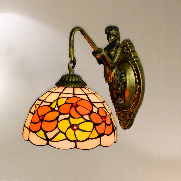 Lisslune | Flower Wall Mounted Light Tiffany Beige Glass 1 Head Brass Mermaid Wall Lamp Fixture for Hallway
