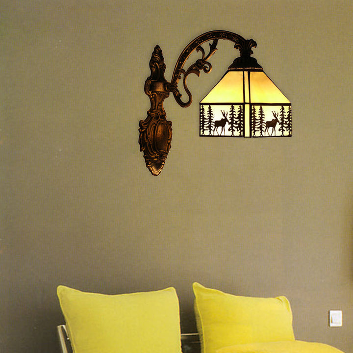 Lisslune | 1 Light Forest Deer Wall Lamp with Lodge Shade Tiffany Rustic Wall Fixture in Beige for Hotel