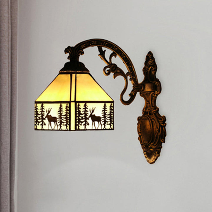 Lisslune | 1 Light Forest Deer Wall Lamp with Lodge Shade Tiffany Rustic Wall Fixture in Beige for Hotel