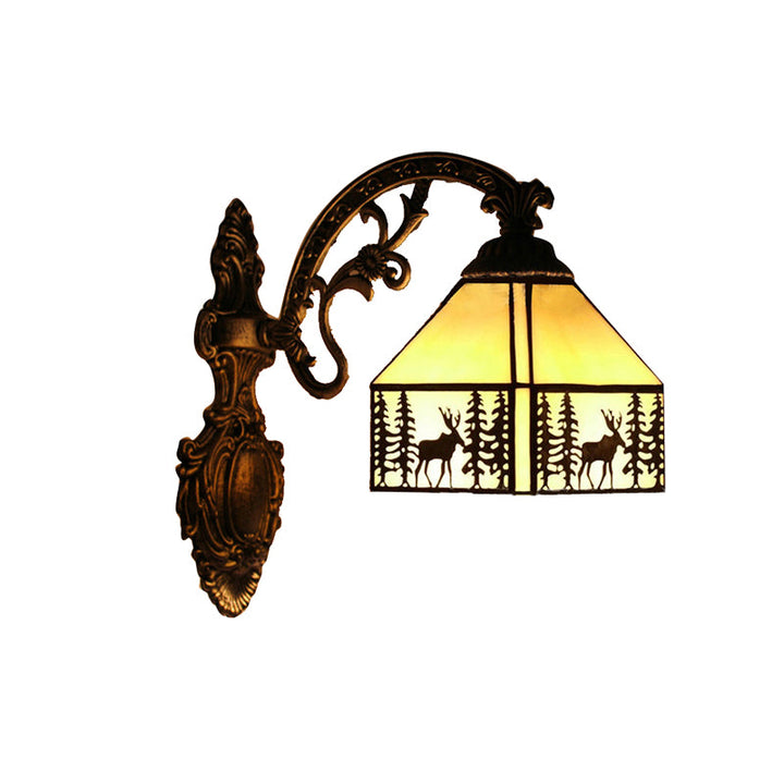 Lisslune | 1 Light Forest Deer Wall Lamp with Lodge Shade Tiffany Rustic Wall Fixture in Beige for Hotel