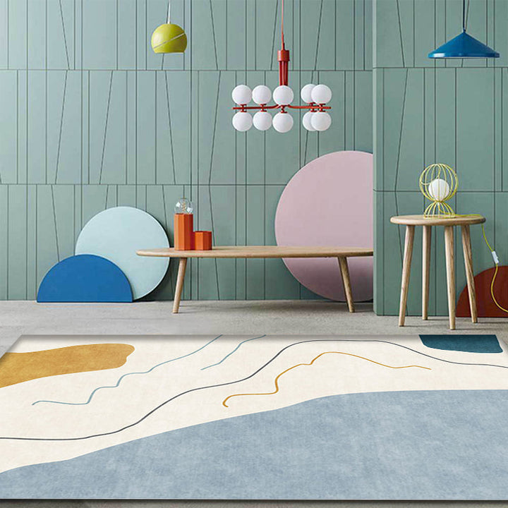 Lisslune | Modernist Abstract Rug Blue and Beige Polyester Rug Non-Slip Bottom Washable Pet Friendly Area Rug for Home