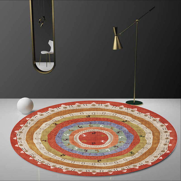 Lisslune | Retro Tribal Circles Pattern Carpet Yellow and Red Polyester Carpet Washable Pet Friendly Non-Slip Carpet for the Living Room