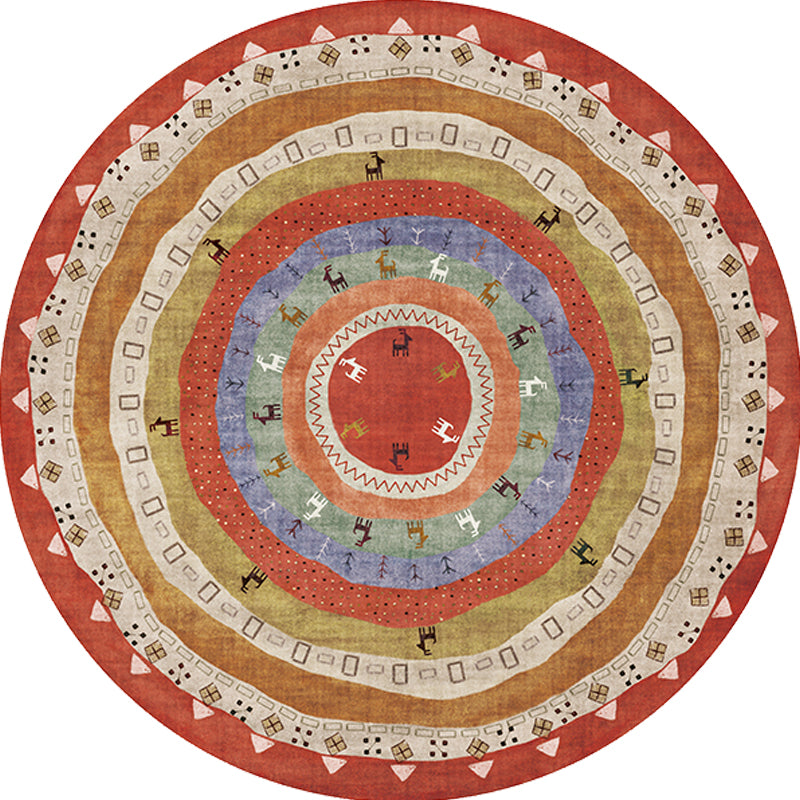 Lisslune | Retro Tribal Circles Pattern Carpet Yellow and Red Polyester Carpet Washable Pet Friendly Non-Slip Carpet for the Living Room