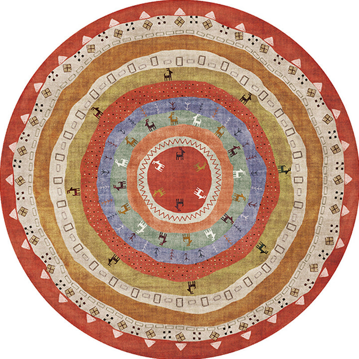Lisslune | Retro Tribal Circles Pattern Carpet Yellow and Red Polyester Carpet Washable Pet Friendly Non-Slip Carpet for the Living Room