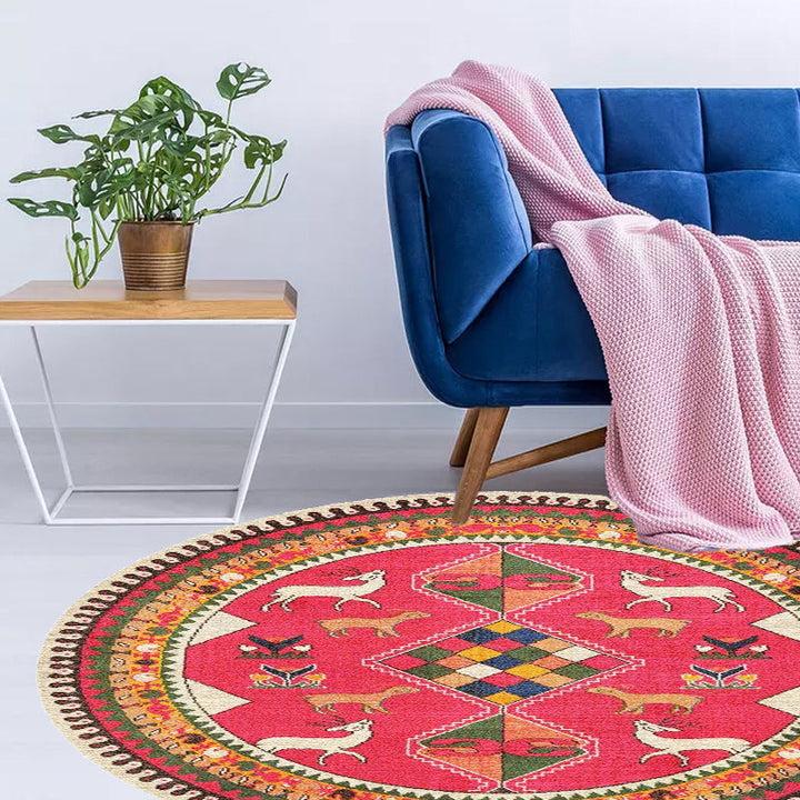 Lisslune | Retro Tribal Circles Pattern Carpet Yellow and Red Polyester Carpet Washable Pet Friendly Non-Slip Carpet for the Living Room