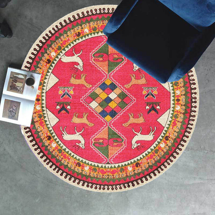 Lisslune | Retro Tribal Circles Pattern Carpet Yellow and Red Polyester Carpet Washable Pet Friendly Non-Slip Carpet for the Living Room