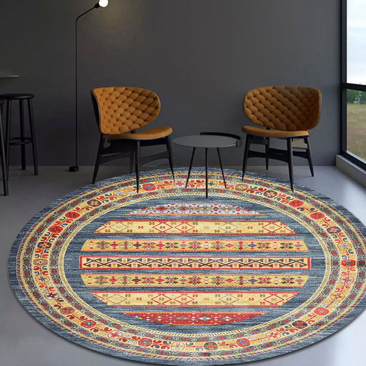 Lisslune | Retro Tribal Circles Pattern Carpet Yellow and Red Polyester Carpet Washable Pet Friendly Non-Slip Carpet for the Living Room