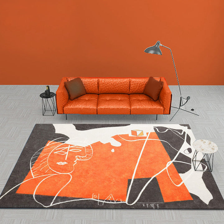 Lisslune | Orange and Black Abstract Area Rug Polyester Modern Rug Washable Non-Slip Pet-Friendly Area Rug for Living Room