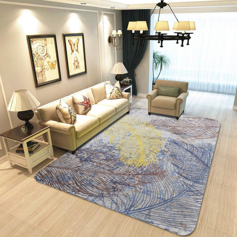 Lisslune | Yellow Shabby Chic Carpet Polyester Feather Pattern Carpet Machine Washable Non-Slip Back Carpet for Decoration