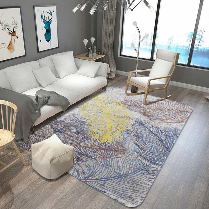 Lisslune | Yellow Shabby Chic Carpet Polyester Feather Pattern Carpet Machine Washable Non-Slip Back Carpet for Decoration