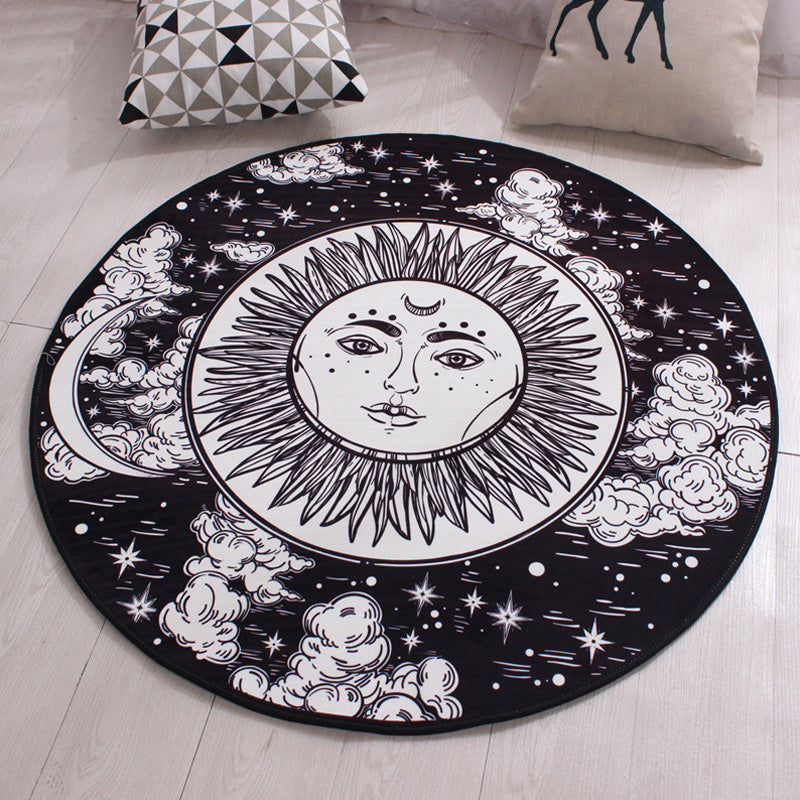 Lisslune | Moroccan floral pattern rug with moon black and red polyester rug machine washable pet-friendly non-slip rug for the living room