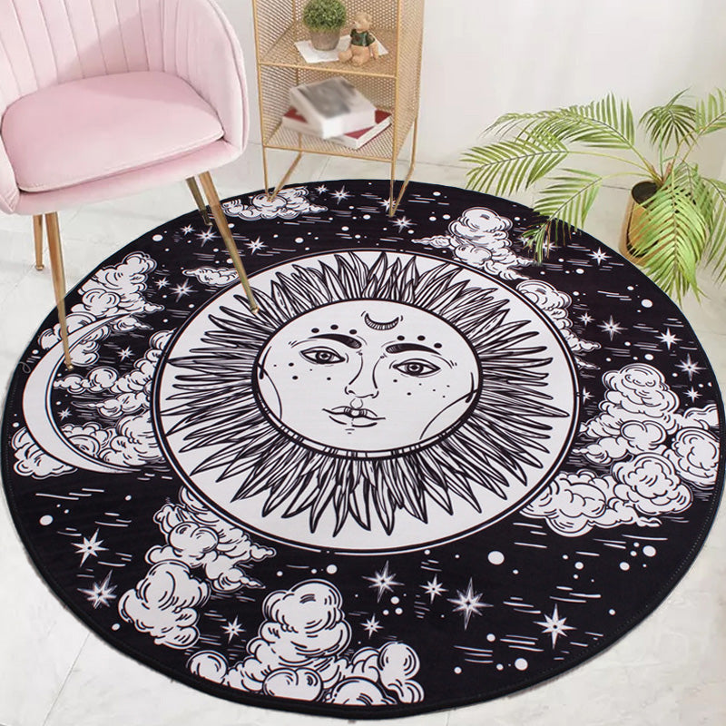 Lisslune | Moroccan floral pattern rug with moon black and red polyester rug machine washable pet-friendly non-slip rug for the living room