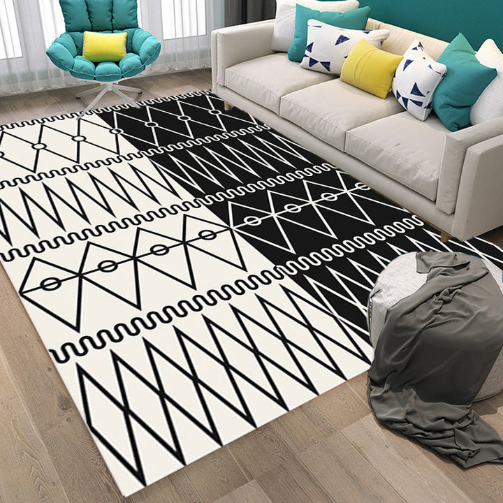 Lisslune | Retro geometric pattern rug black and white southwest rug polyester pet friendly non-slip backing washable rug for living room