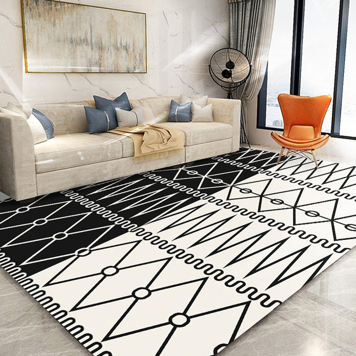 Lisslune | Retro geometric pattern rug black and white southwest rug polyester pet friendly non-slip backing washable rug for living room