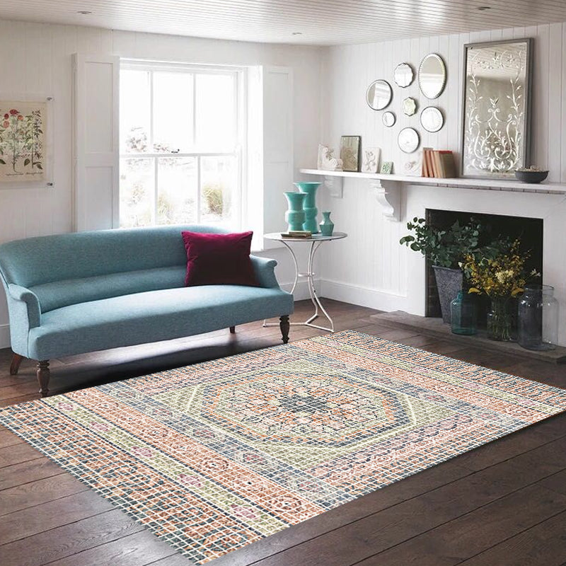 Lisslune | Bohemian striped patterned rug with flowers Multicolored Polyester rug Machine washable non-slip back rug for living room