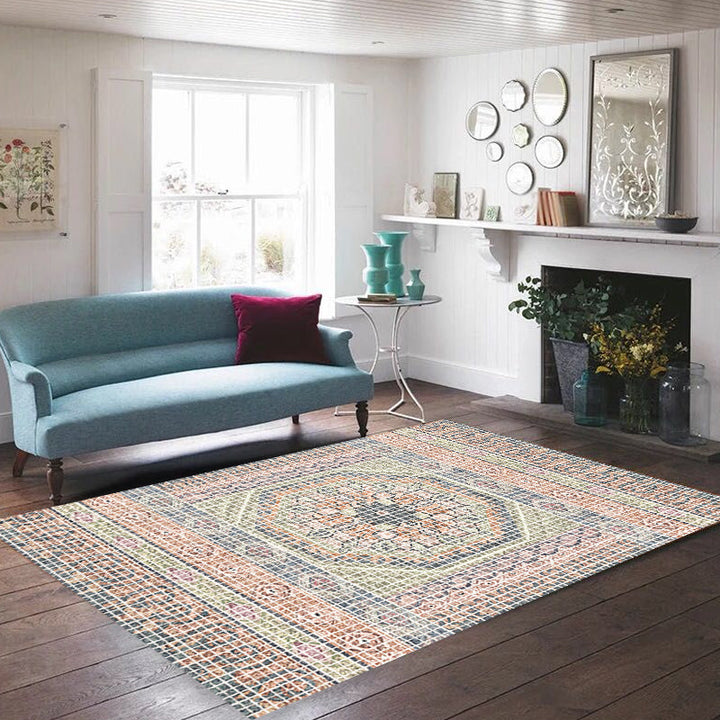Lisslune | Bohemian striped patterned rug with flowers Multicolored Polyester rug Machine washable non-slip back rug for living room