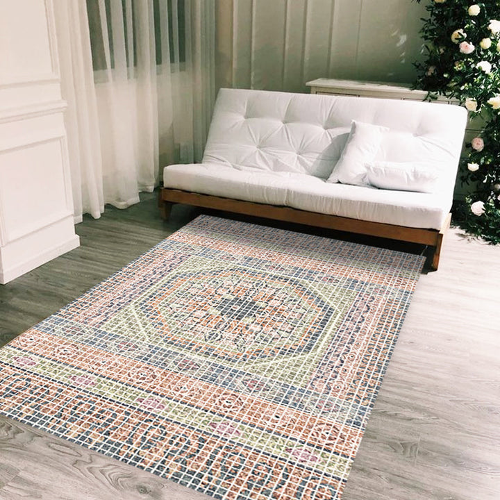 Lisslune | Bohemian striped patterned rug with flowers Multicolored Polyester rug Machine washable non-slip back rug for living room