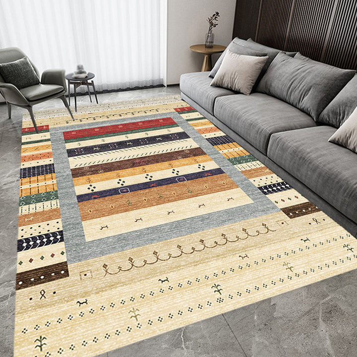 Lisslune | Bohemian striped patterned rug with flowers Multicolored Polyester rug Machine washable non-slip back rug for living room