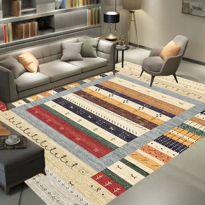 Lisslune | Bohemian striped patterned rug with flowers Multicolored Polyester rug Machine washable non-slip back rug for living room