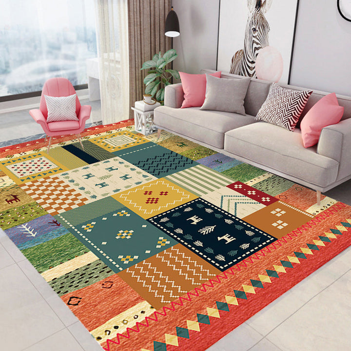 Lisslune | Bohemian striped patterned rug with flowers Multicolored Polyester rug Machine washable non-slip back rug for living room