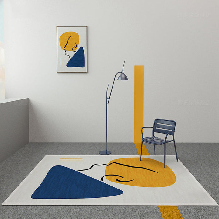 Lisslune | Modernist Color Block Carpet Blue and Yellow Polyester Carpet Non-Slip Back Washable Pet-Friendly Rug for Home