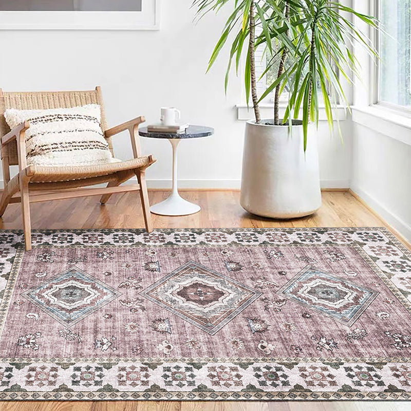 Lisslune | Retro Tribal Flower Pattern Rug Pink and Gray Polyester Rug Washable Pet-Friendly Non-Slip Rug for Living Room