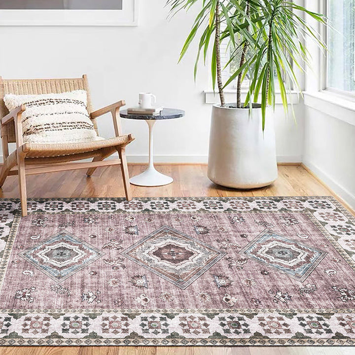 Lisslune | Retro Tribal Flower Pattern Rug Pink and Gray Polyester Rug Washable Pet-Friendly Non-Slip Rug for Living Room