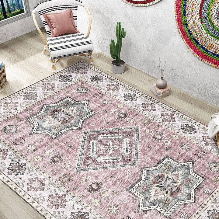 Lisslune | Retro Tribal Flower Pattern Rug Pink and Gray Polyester Rug Washable Pet-Friendly Non-Slip Rug for Living Room