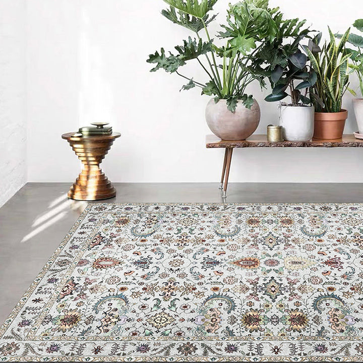 Lisslune | Retro Tribal Flower Pattern Rug Pink and Gray Polyester Rug Washable Pet-Friendly Non-Slip Rug for Living Room