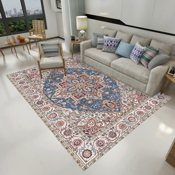 Lisslune | Retro Tribal Flower Pattern Rug Pink and Gray Polyester Rug Washable Pet-Friendly Non-Slip Rug for Living Room