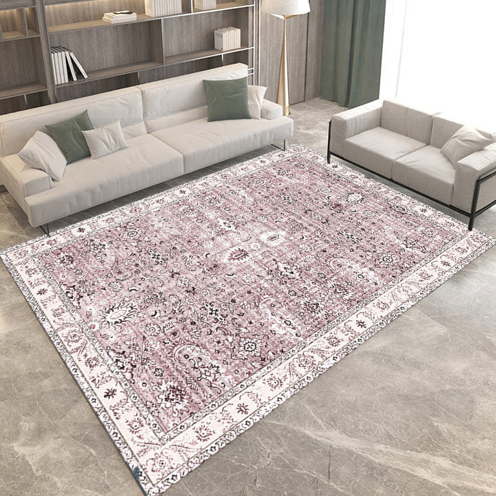 Lisslune | Retro Tribal Flower Pattern Rug Pink and Gray Polyester Rug Washable Pet-Friendly Non-Slip Rug for Living Room