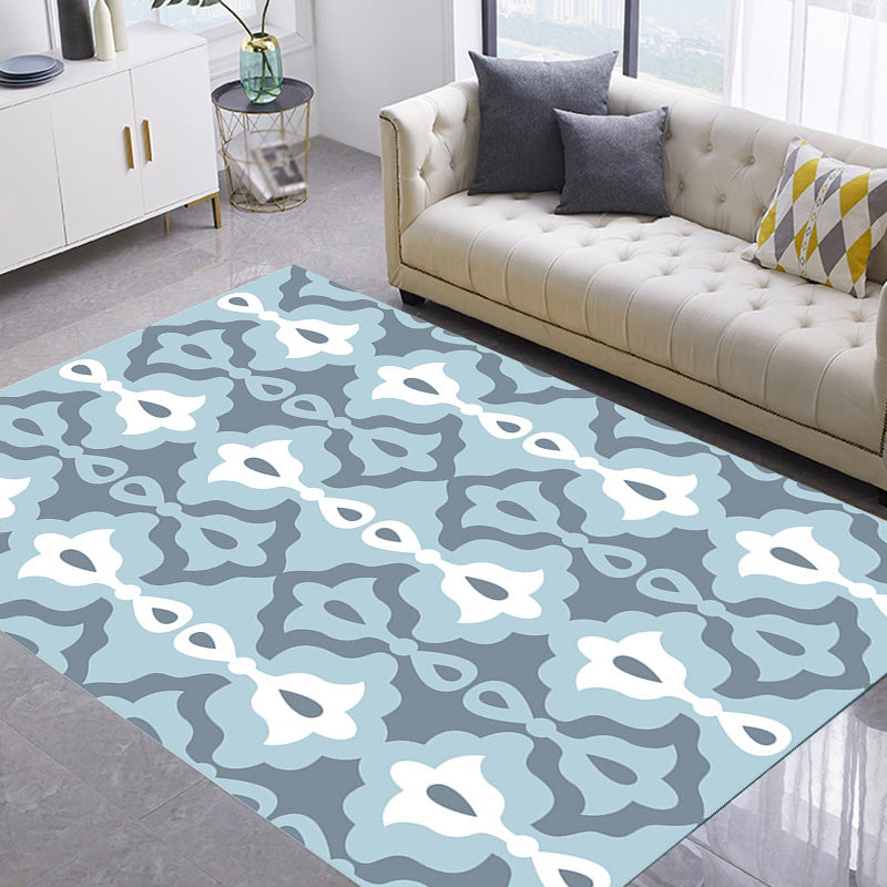 Lisslune | Retro-geometric floral pattern rug blue and green southwest rug polyester pet-friendly non-slip back washable area rug for living room