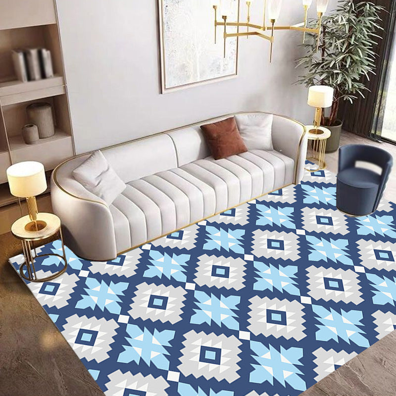 Lisslune | Retro-geometric floral pattern rug blue and green southwest rug polyester pet-friendly non-slip back washable area rug for living room