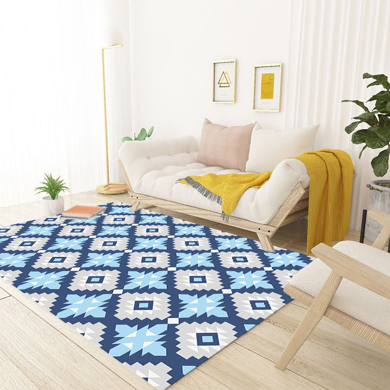 Lisslune | Retro-geometric floral pattern rug blue and green southwest rug polyester pet-friendly non-slip back washable area rug for living room